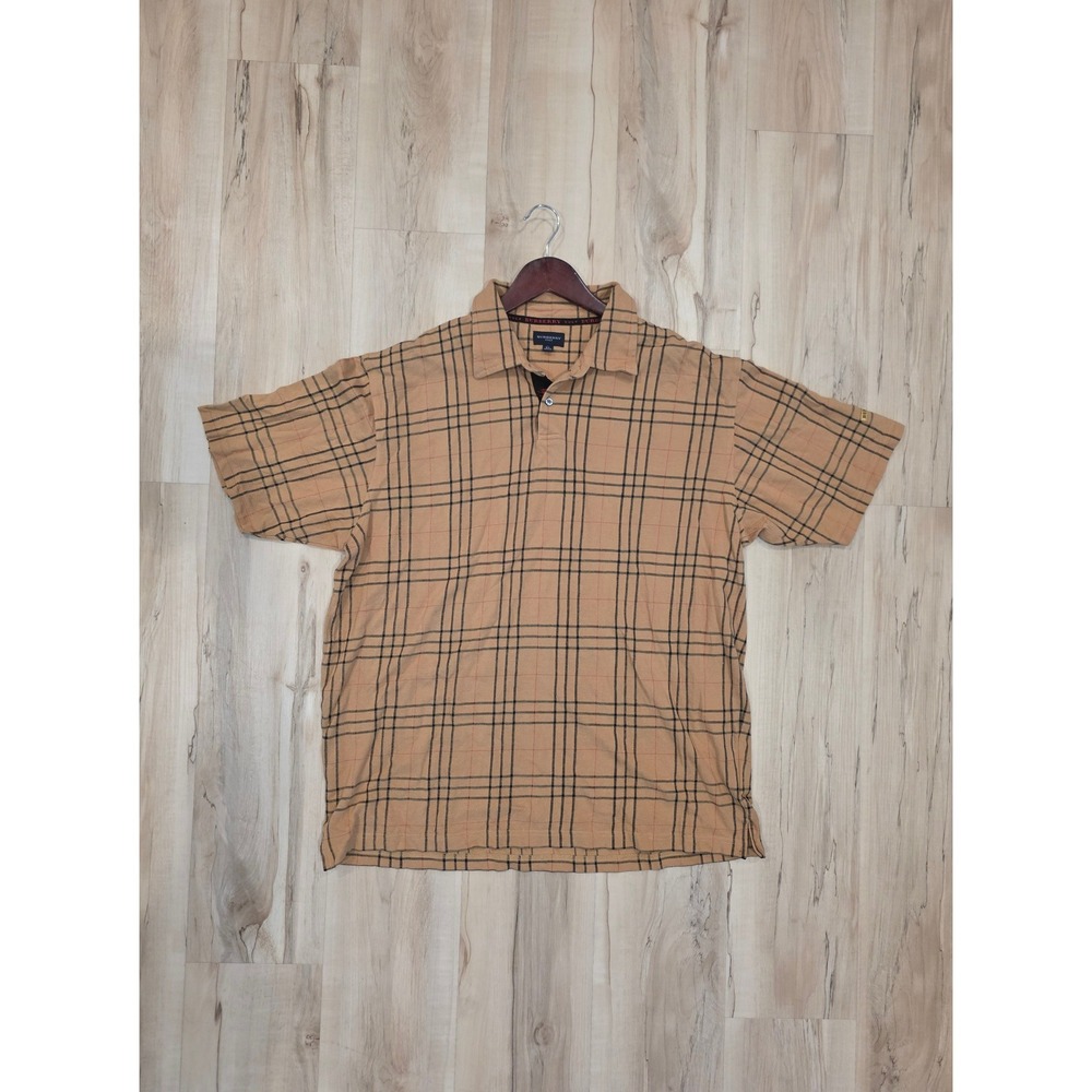 Burberry Golf Mens XL Nova Check Polo Shirt Tan Plaid Short Sleeve Cotton Pique